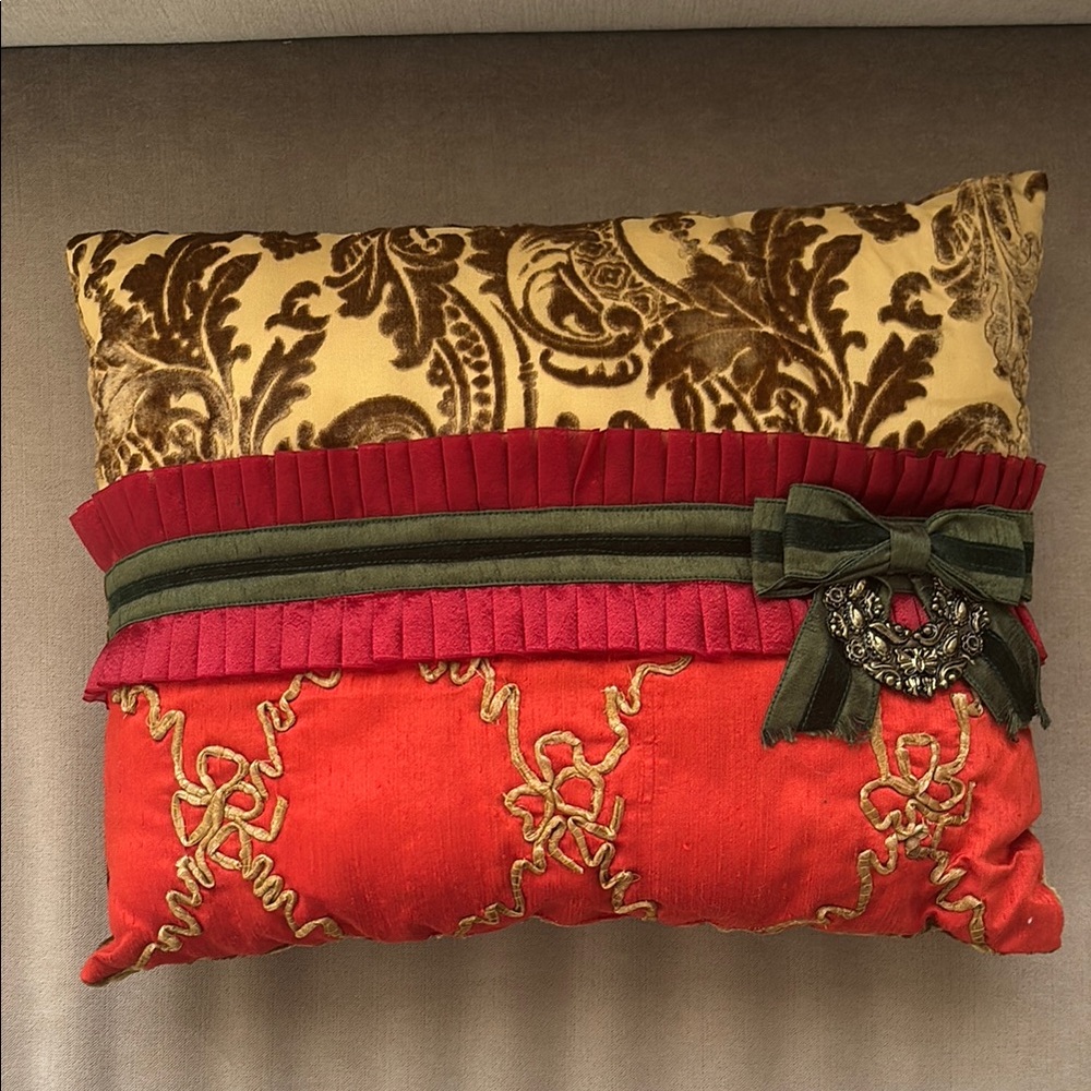 Decorative Pillow with Red and Gold Embroidery